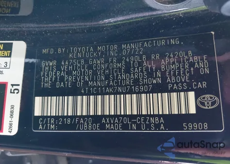 2022 Toyota Camry Le z USA, uszkodzony, nr VIN 4T1C11AK7NU716907